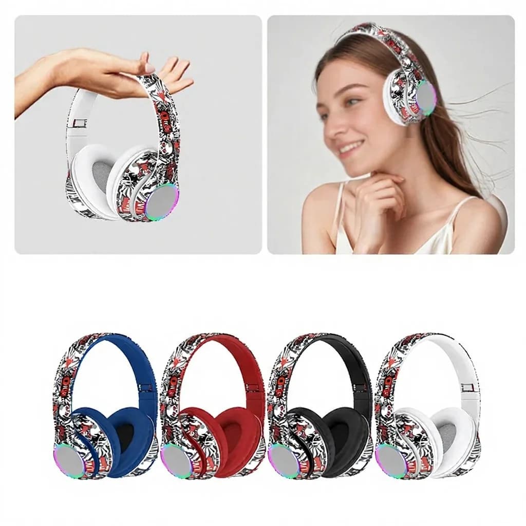 Graffiti-stiilis kõrvapealsed Bluetooth-kõrvaklapid LED-tulede ja sügava bassiga