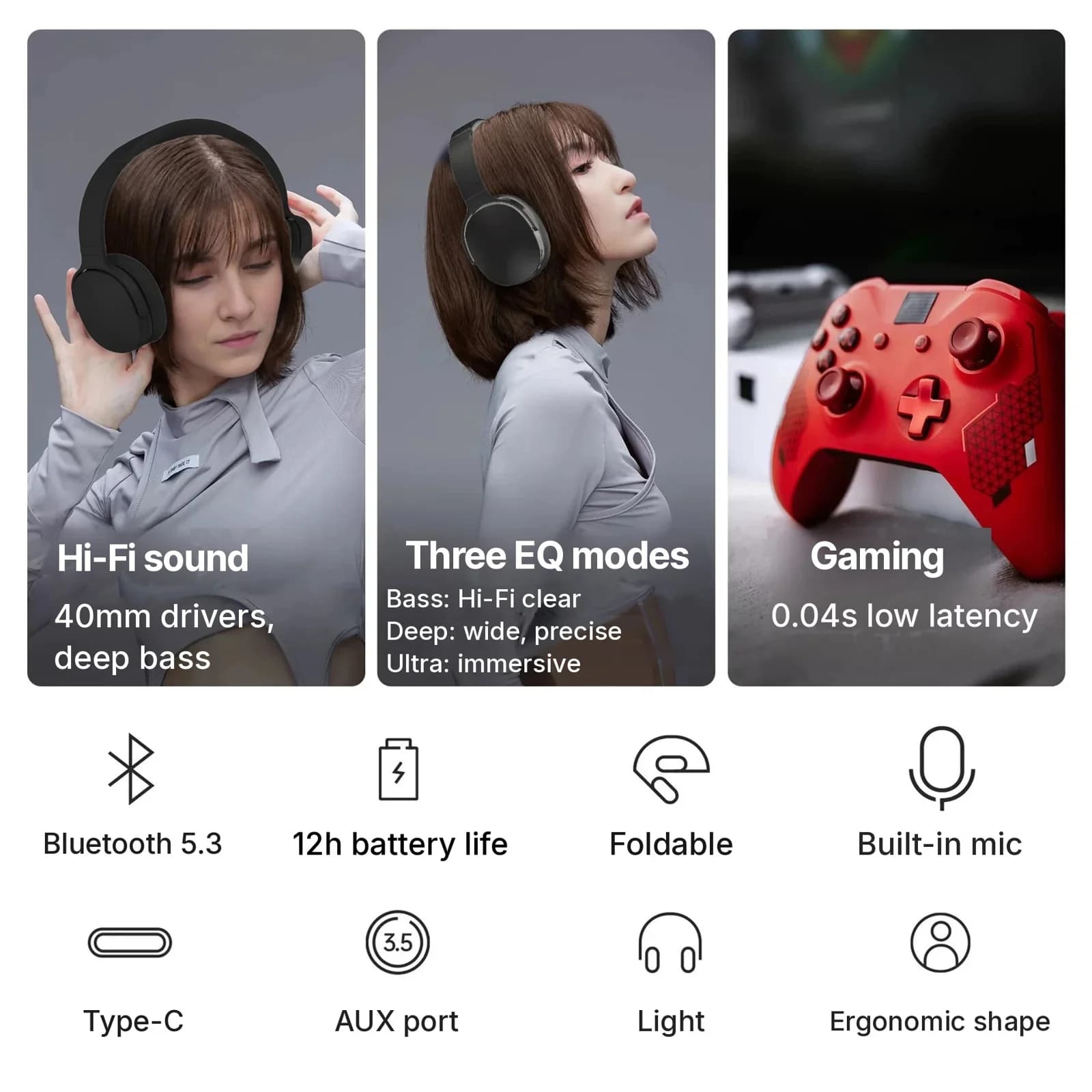 Juhtmevabad kõrvapealsed Bluetooth kõrvaklapid kolme EQ-režiimi ja mikrofoniga