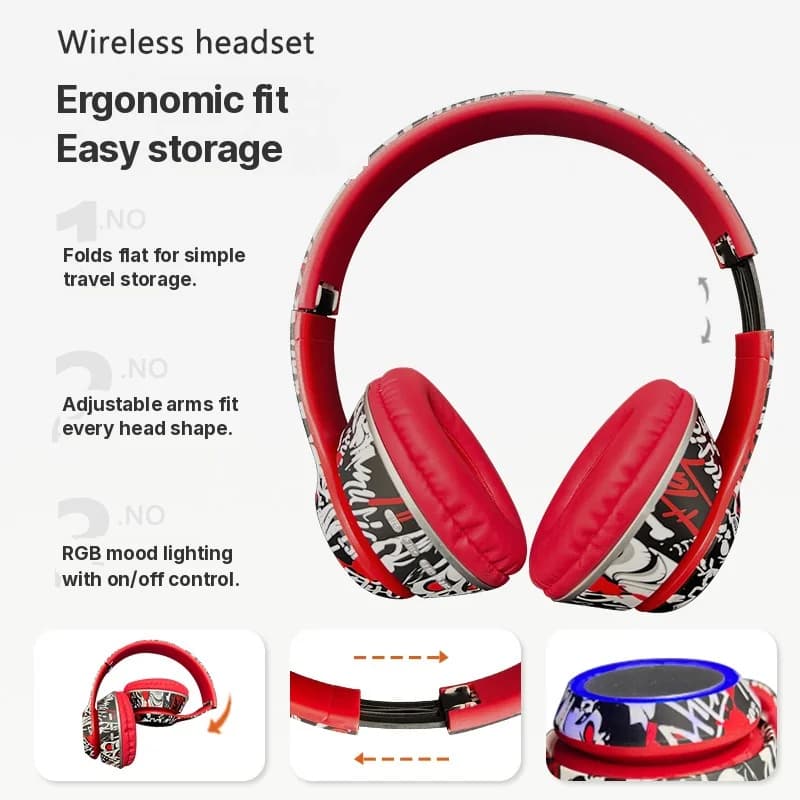 Graffiti-stiilis kõrvapealsed Bluetooth-kõrvaklapid LED-tulede ja sügava bassiga