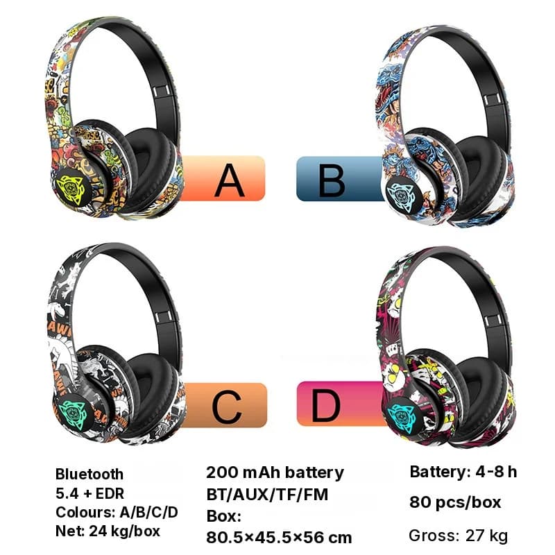 Juhtmevabad Bluetooth-kõrvaklapid kõrvapealsed grafiti-disain kokkupandav