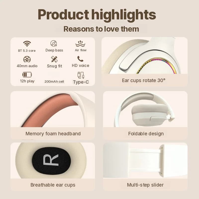 RGB mängurikõrvaklapid Juhtmevabad Bluetooth Kõrvapealsed Stereo Peakomplekt